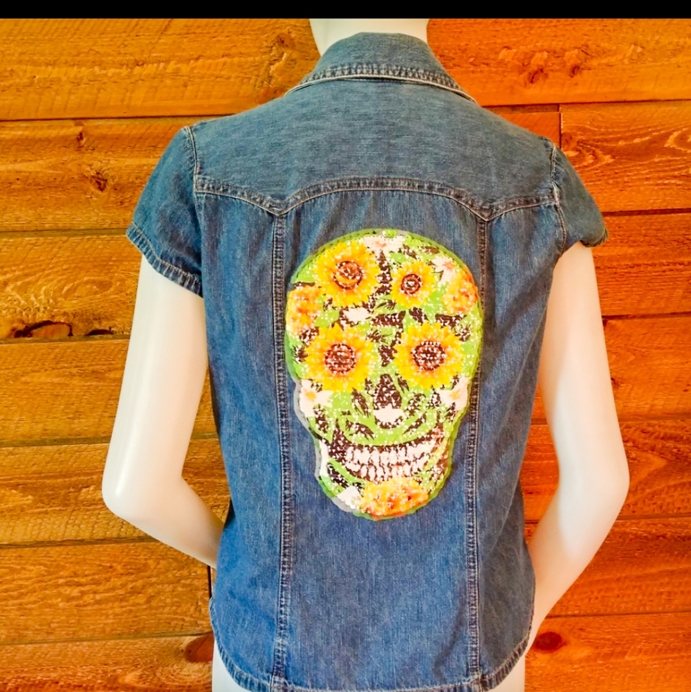 Sugar Skull Customized Denim Vest T13
